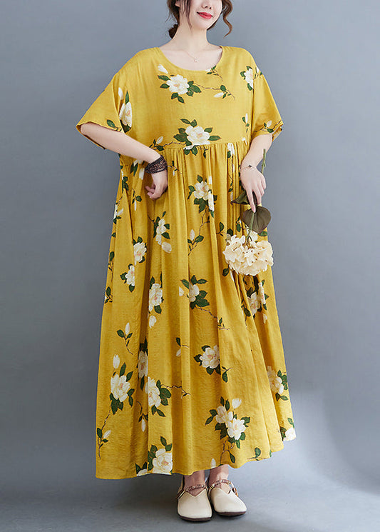Ethnic Style Yellow O-Neck Cinched Print Long Dresses Short Sleeve