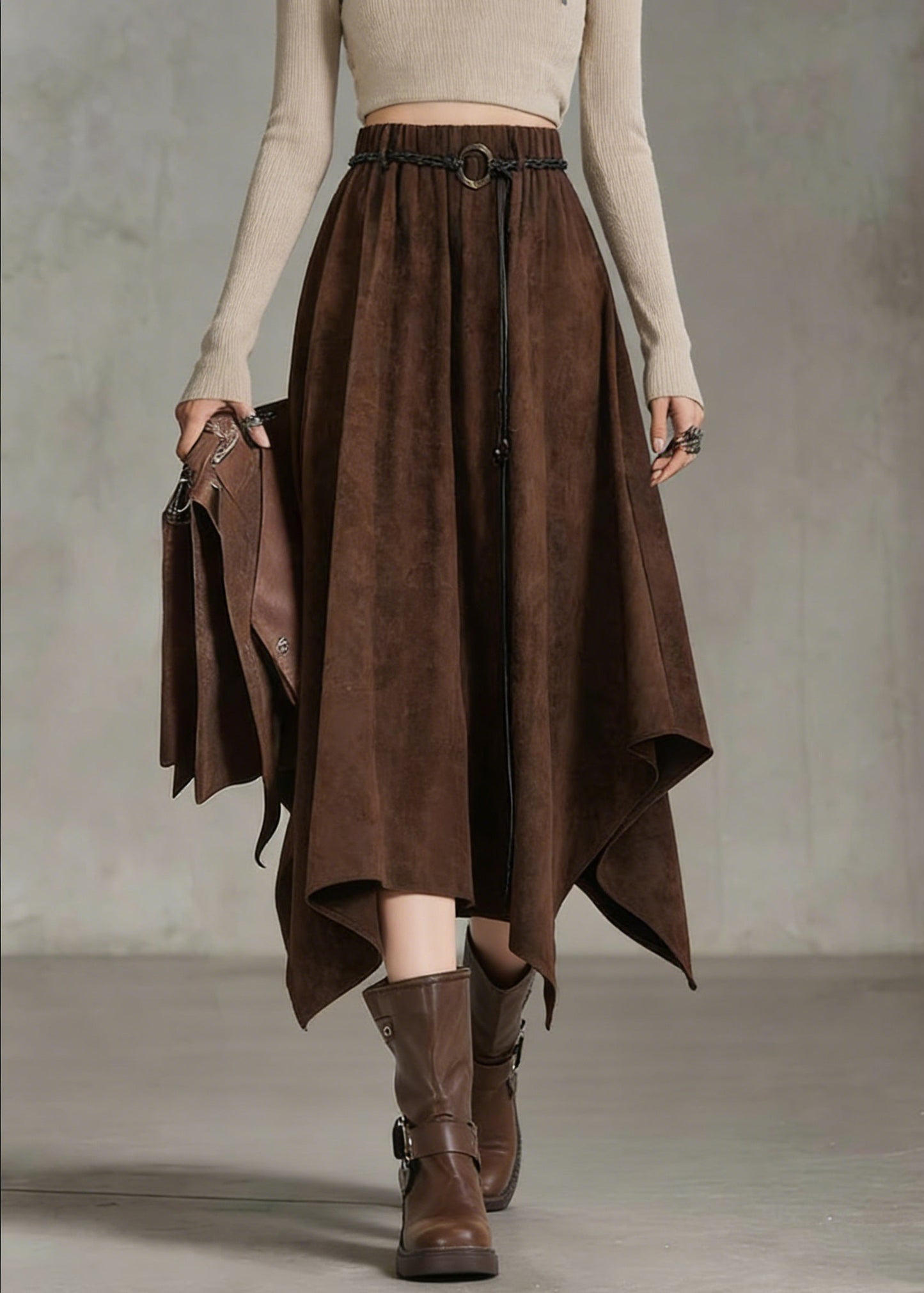 Bohemian Coffee Elastic Waist Sashe Faux Suede A Line Skirts