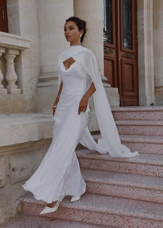 White Draped Cape Backless Maxi Gown
