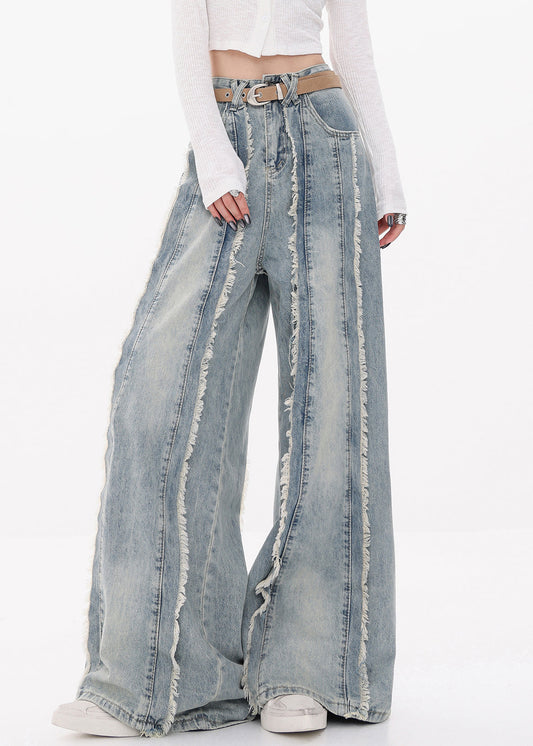 Original Design Blue Raw Edge High Waist Denim Pants Fall