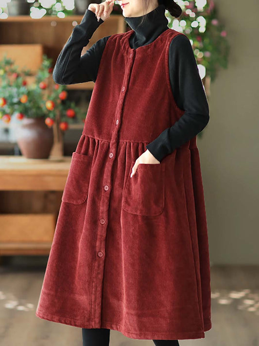 Women Vintage Corduroy Solid Button Vest Dress
