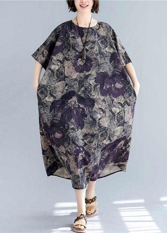 Women o neck pockets linen cotton summer Wardrobes Sleeve floral Dress