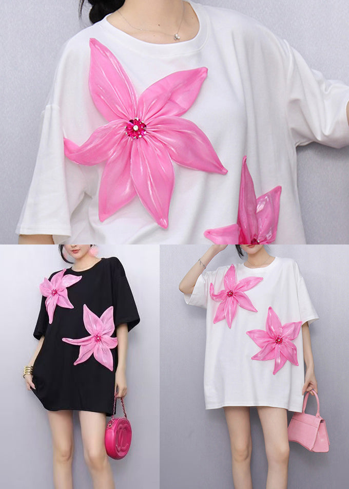 White Floral Decorated Cotton Tank Tops Oversized Summer