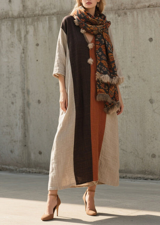 Vintage Colorblock Oversized Patchwork Cotton Long Dresses Bracelet Sleeve