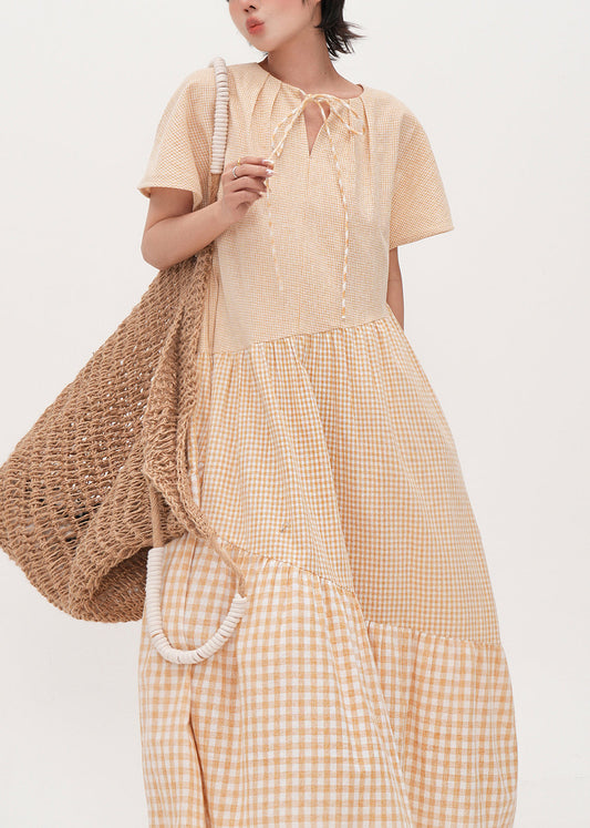 Women Beige Oversized Patchwork Plaid Cotton Dresses Summer