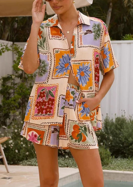 Loose Print Shirts And Shorts Two Piece Set Short Sleeve
