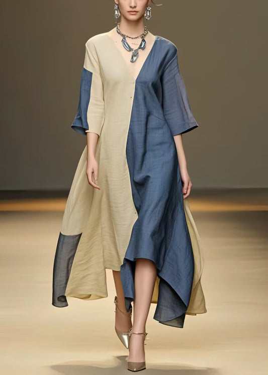 Vintage Colorblock Asymmetrical Patchwork Cotton A Line Dress Summer