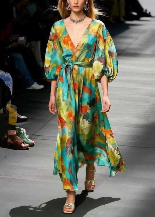 Boutique Polychrome Print Chiffon Dress Lantern Sleeve