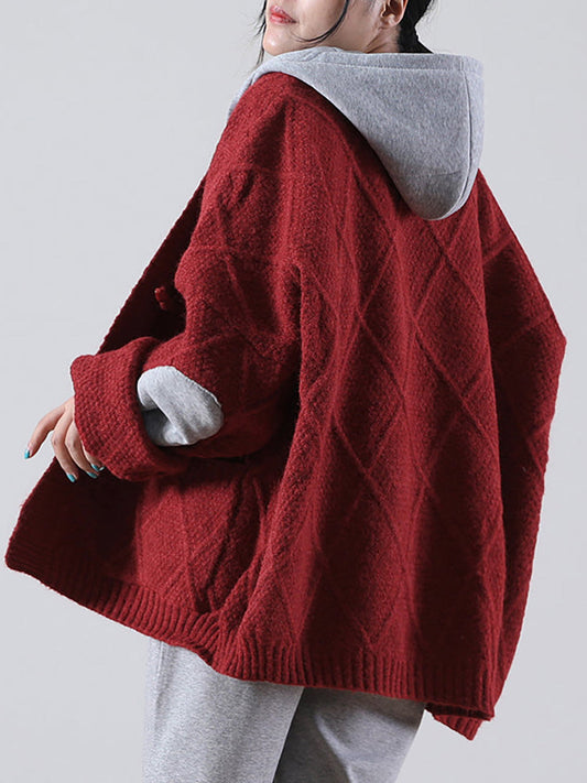 Plus Size - Hooded Knitted Pocket Patchwork Sweater Coat