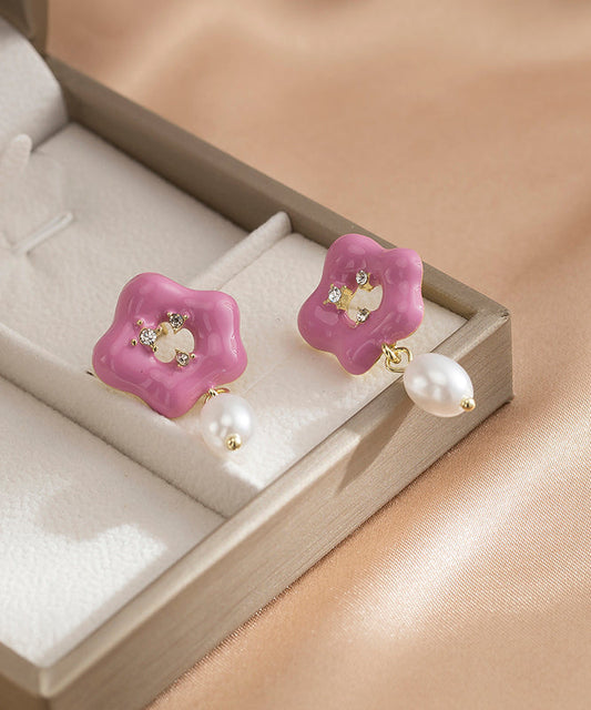 Cute Pink Alloy Floral Pearl Drip Glaze Drop Earrings