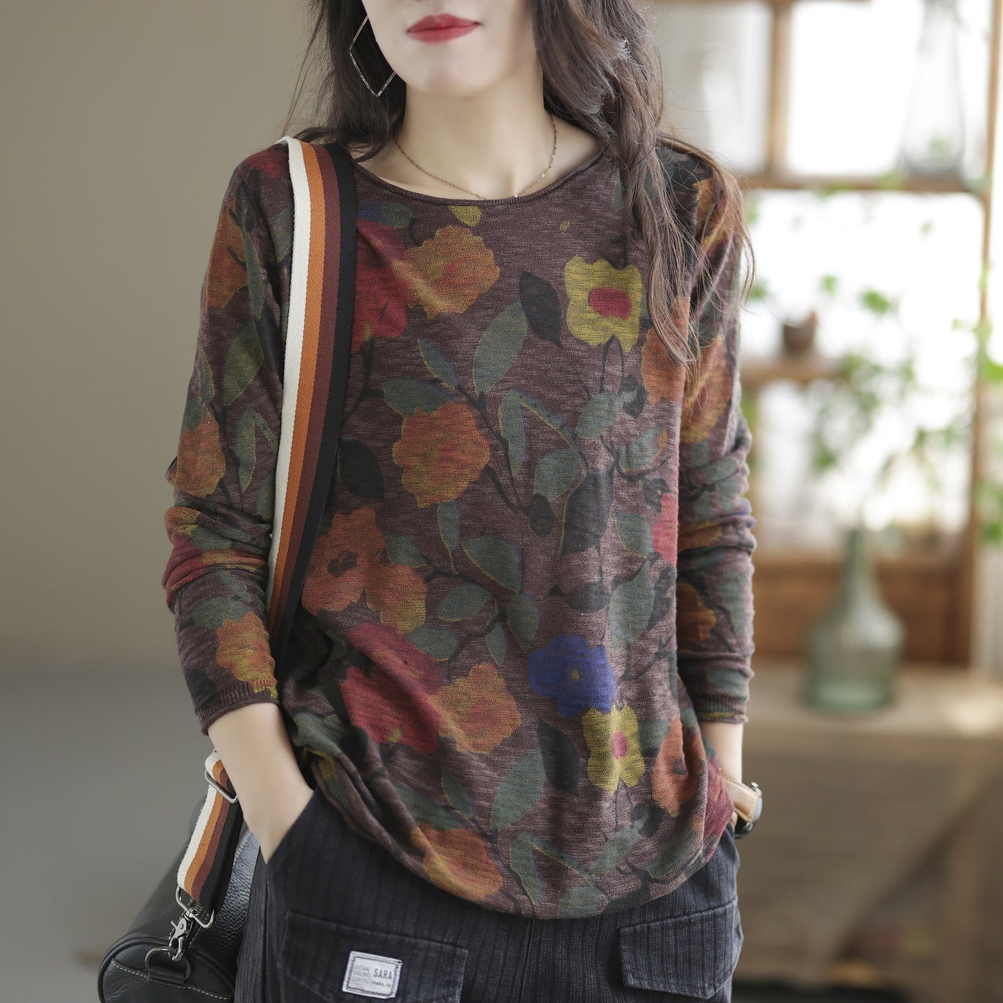 Autumn Retro Print Cotton Knitted Loose Sweater