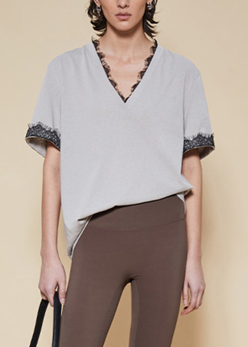 Grey Lace Solid Cotton T Shirt V Neck Short Sleeve