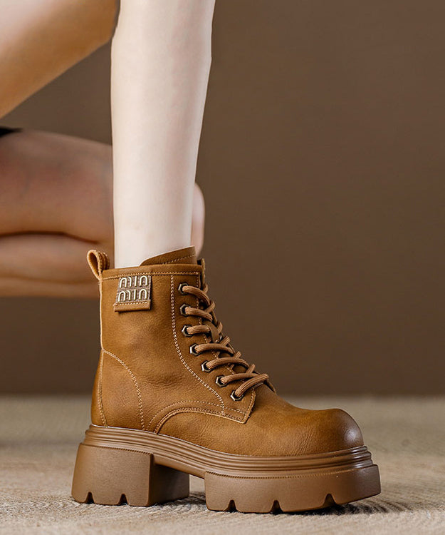 Brown Platform Cowhide Leather Women Splicing Boots Lace Up