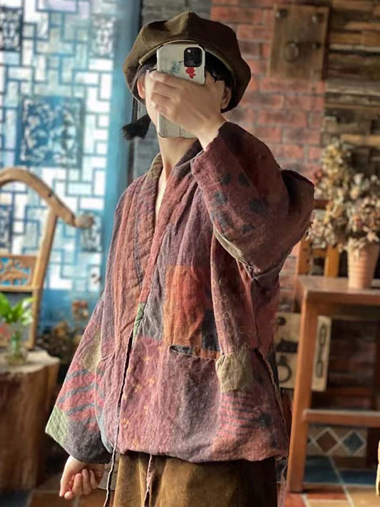 Women Winter Print Drawstring Linen Cotton Coat