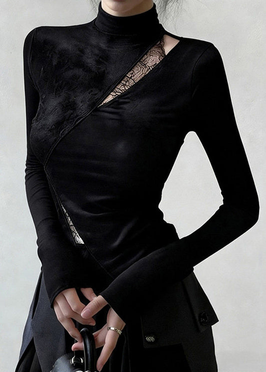 Slim Fit Black Hollow Out Lace Patchwork Cotton T Shirt Spring