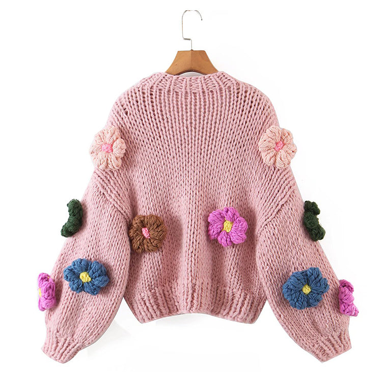 Three dimensional flower thick stick needle knitted cardigan 7374