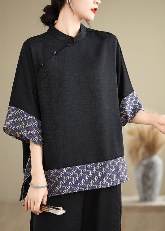 Vintage Blue Oversized Patchwork Silk Shirts Summer
