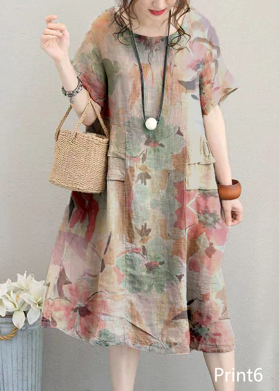 fine Print2 linen dress casual linen clothing dresses women o neck patchwork cotton dress