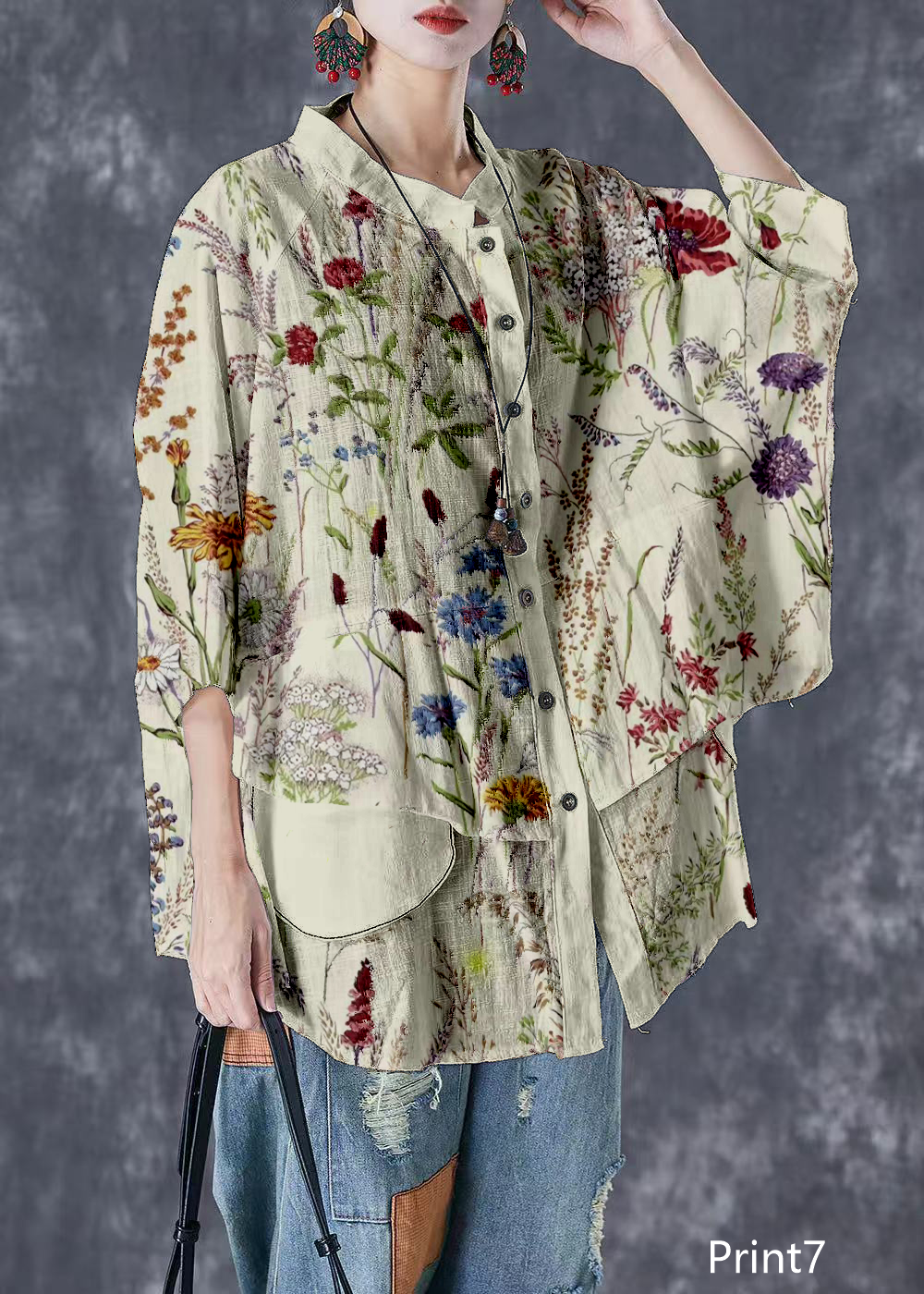 Plus Size Print4 Stand Collar Patchwork Linen Shirt Tops Batwing Sleeve