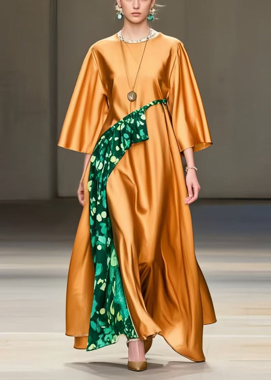 Boho Orange Oversized Print Silk Maxi Dresses Spring