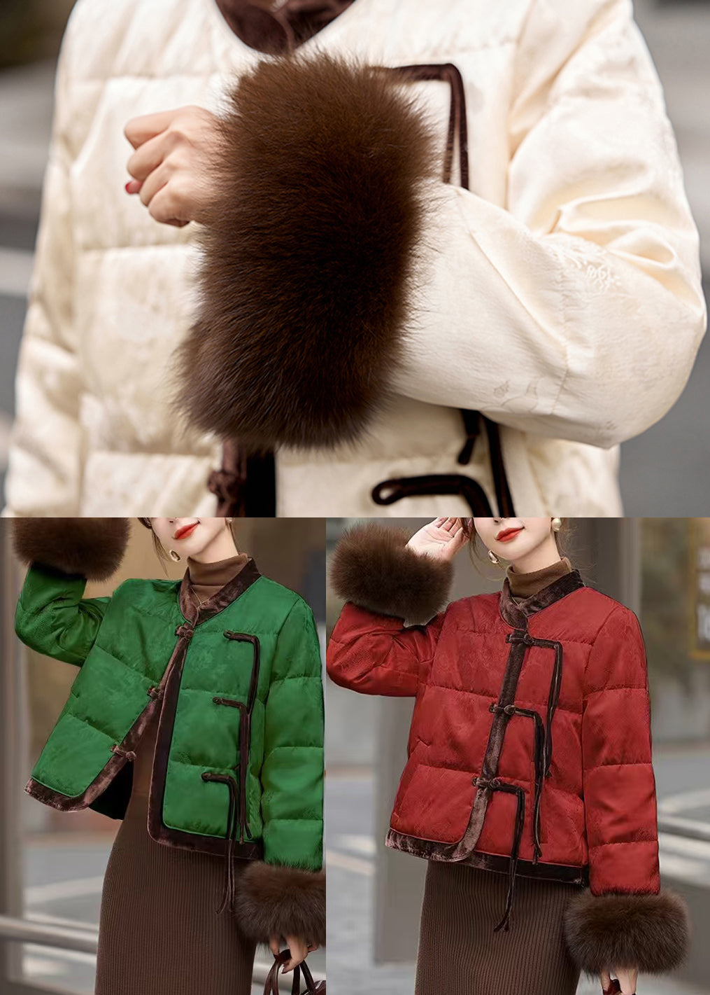 Women Green Tasseled Patchwork Duck Down Oriental Coats Winter