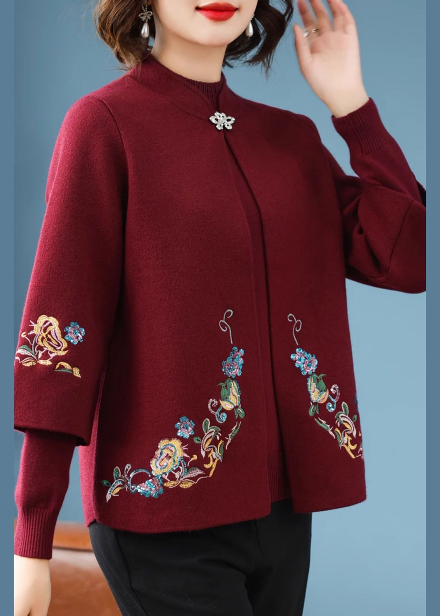 Casual Red Stand Collar Cotton Knit Cardigans And Sweater Two Piece Set Fall