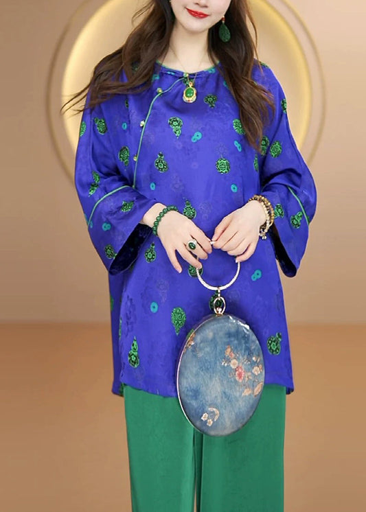 Chinese Style Purple O Neck Jacquard Silk Shirt Top Fall