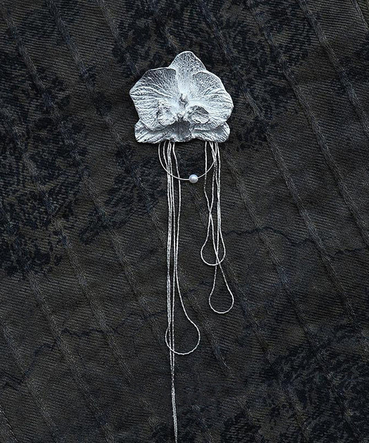 Vintage Silk Alloy Moth Orchid Tassel Drop Earrings