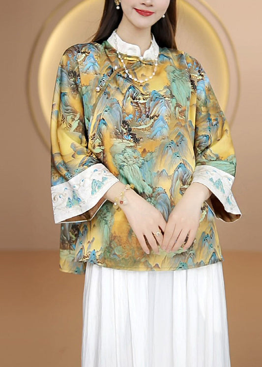 Women Embroidered Chinese Button Patchwork Silk Shirt Tops Fall