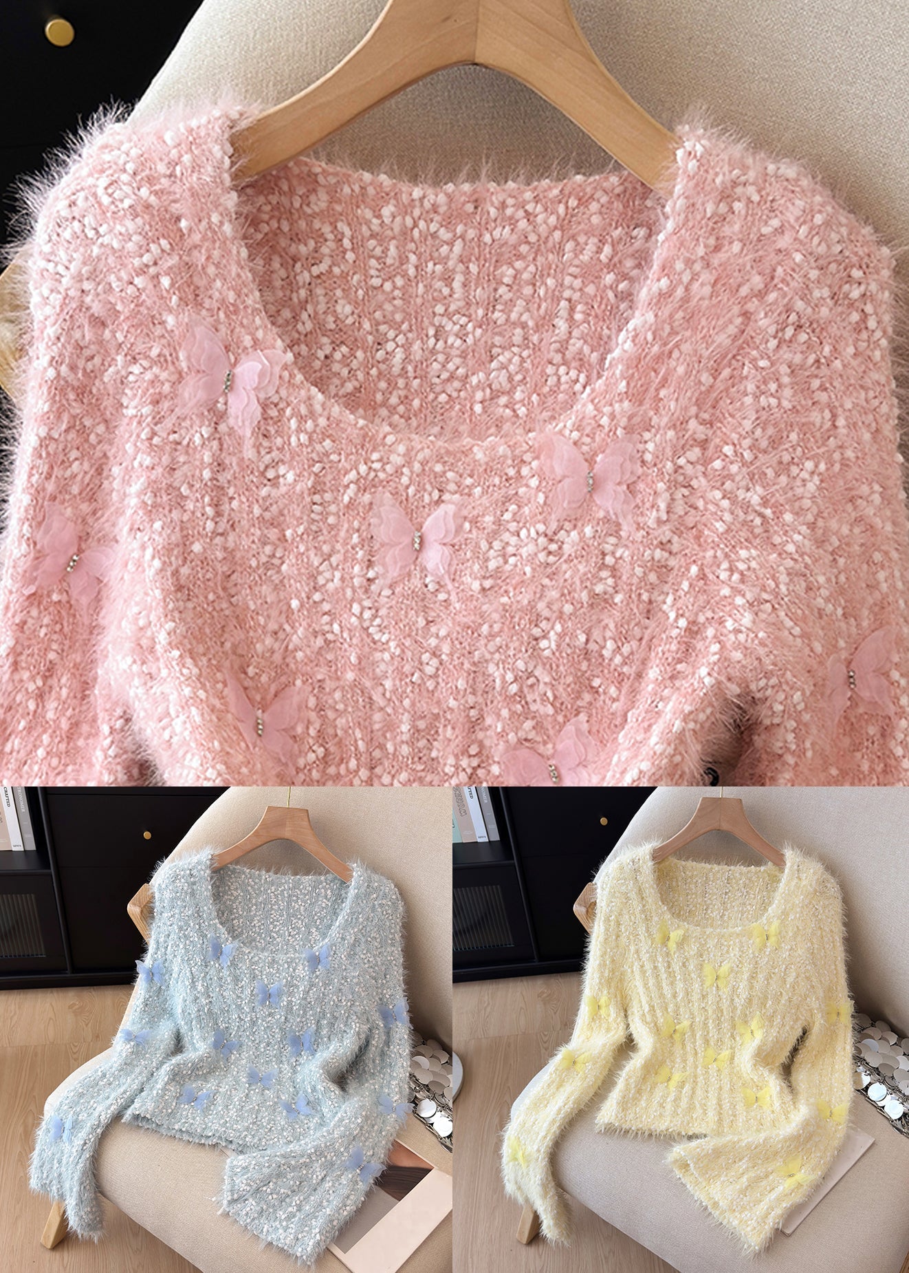 Beautiful Yellow Square Collar Butterfly Knit Sweaters Winter