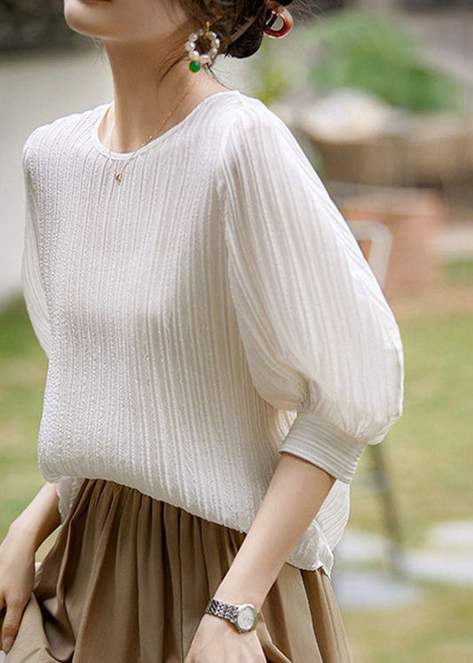 Simple White Wrinkled Solid Silk T Shirt Lantern Sleeve