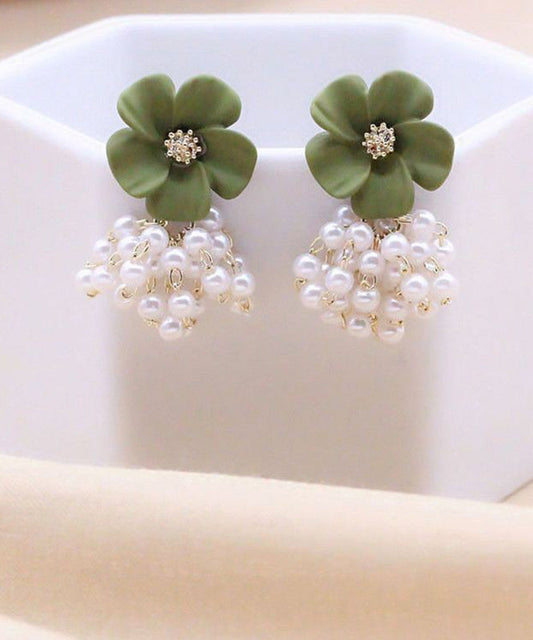 Stylish Yellow Alloy Pearl Floral Tassel Drop Earrings