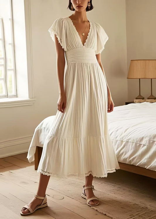 Silm Fit White Patchwork Lace Pleated Dress Summer