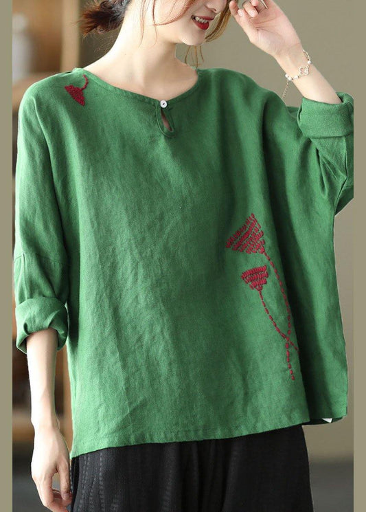 Plus Size Green Loose Embroideried Fall cotton blend Shirt Tops Long Sleeve