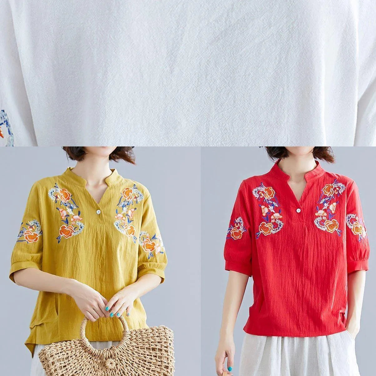 Women yellow embroidery linen cotton Blouse Sewing v neck summer top
