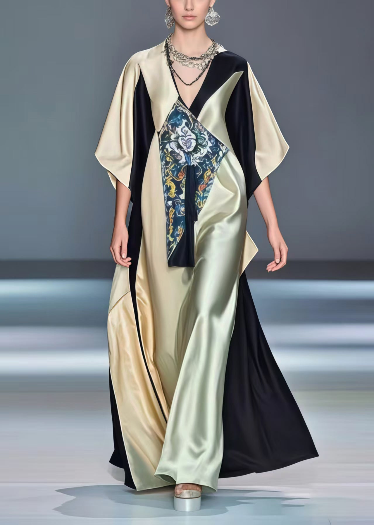 Beautiful Colorblock Asymmetrical Design Oversized Silk Robe Dresses Summer