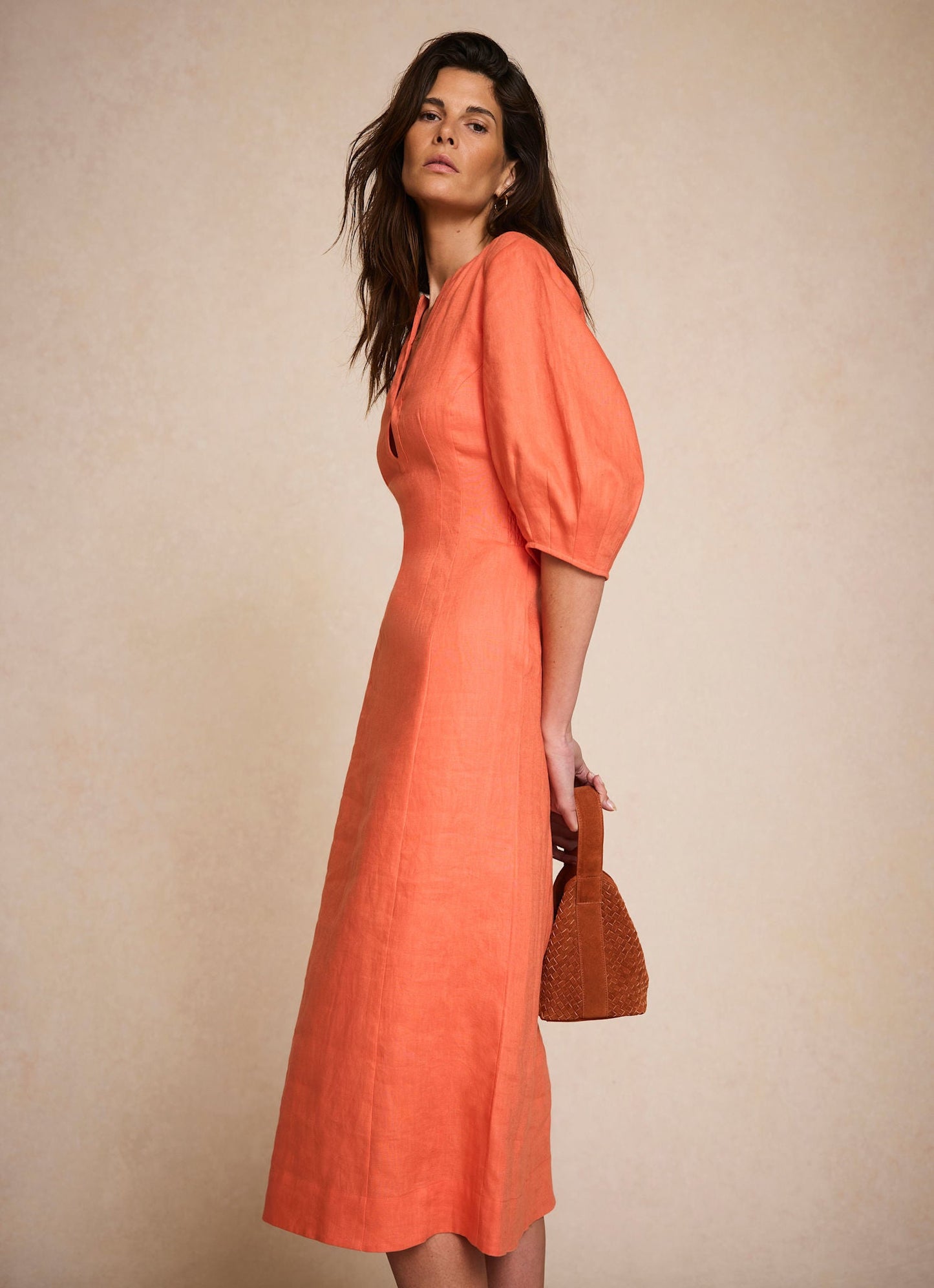 Linen Puff-Sleeve Fitted Waist Midi Dress