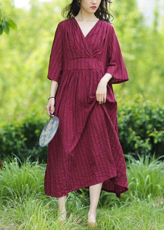 Style v neck tie waist linen clothes Fashion Ideas burgundy Dresses