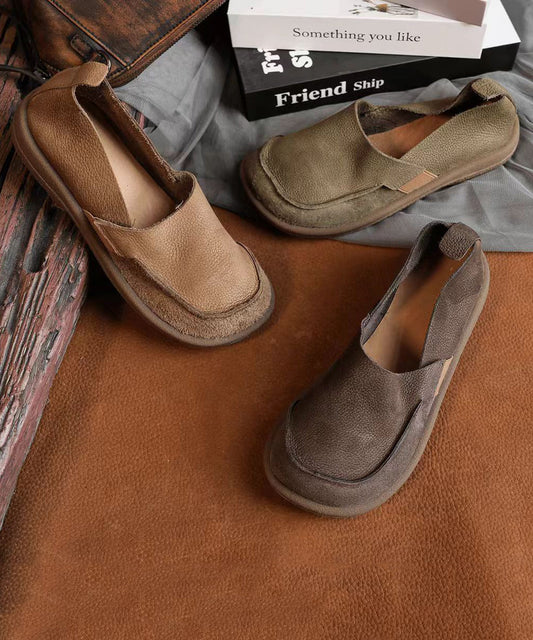 Handmade Khaki Cowhide Leather Splicing Flat Feet Shoes