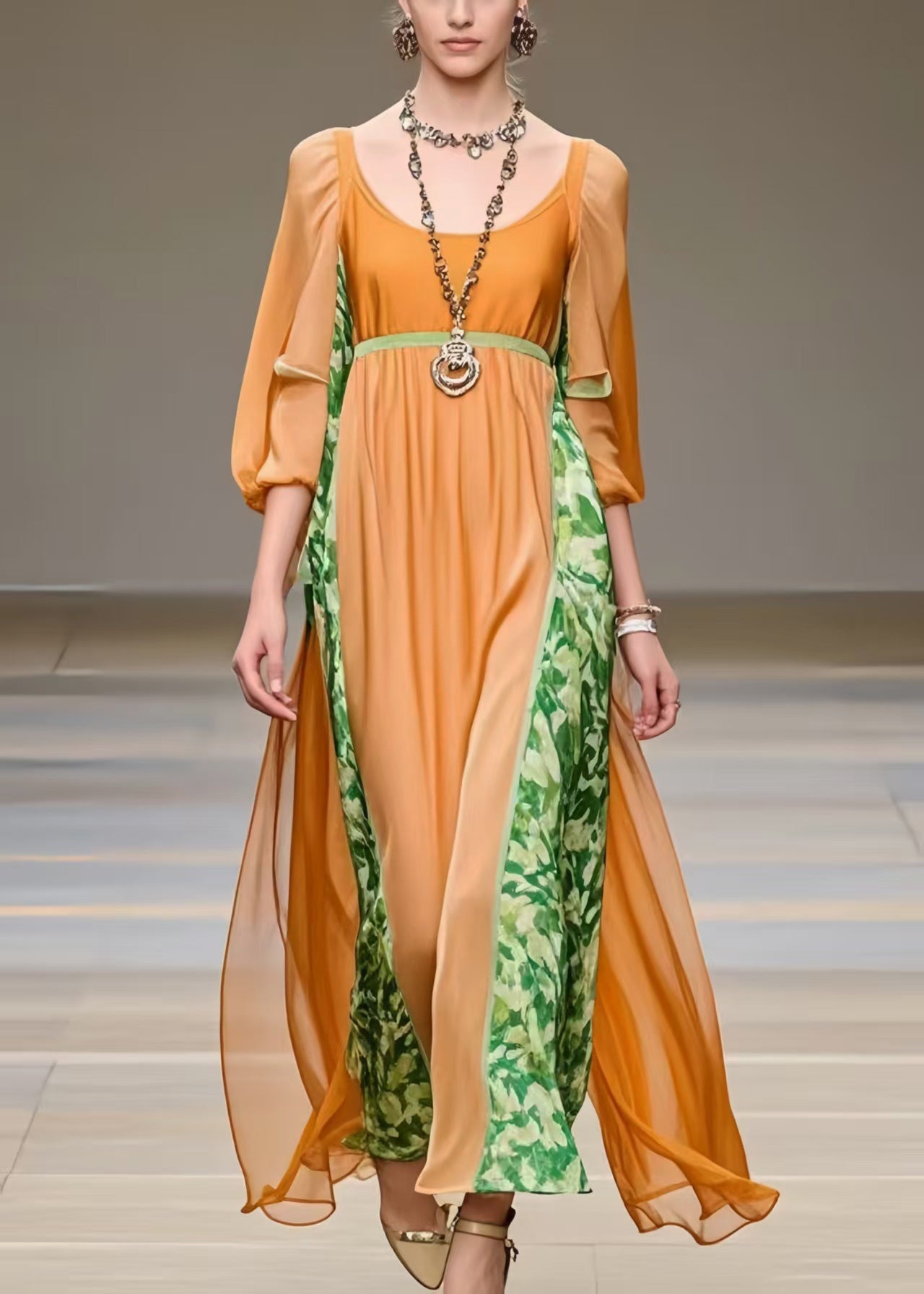 Women Orange U Neck Patchwork Chiffon Robe Dresses Bracelet Sleeve
