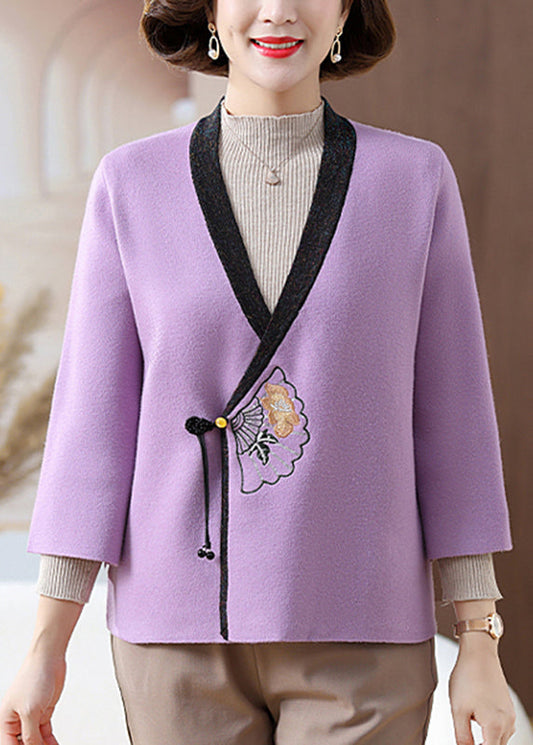 Chinese Style Purple V Neck Patchwork Knit Cardigans Fall