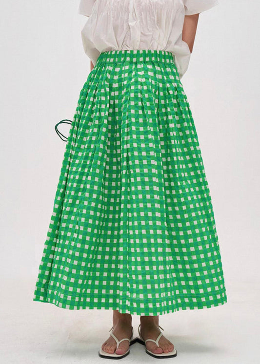 Art Green Plaid Elastic Waist Cotton A Line Skirts Summer