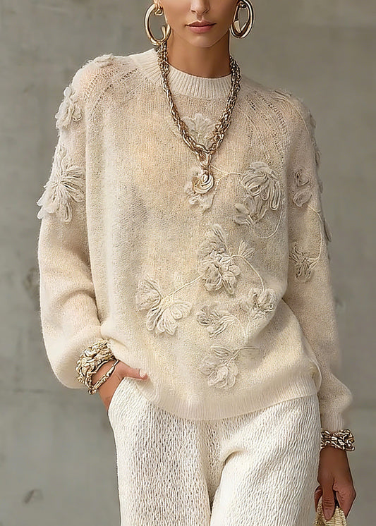 Casual Beige O-Neck Embroidered Cotton Knit Sweaters Spring