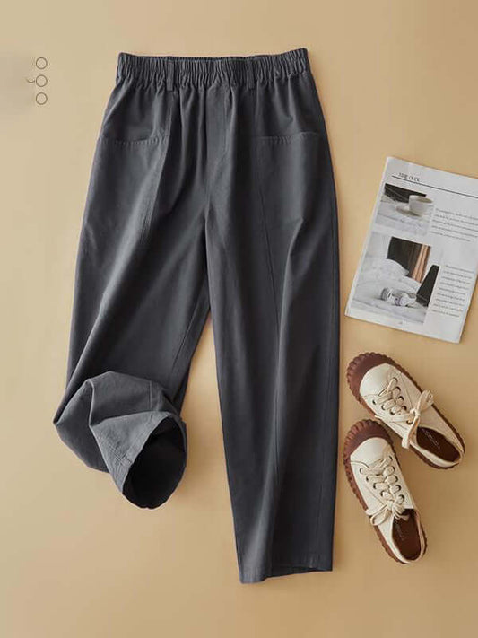 100% Natural Fabric Solid Color High Waist Loose Art Ladies Casual Pants