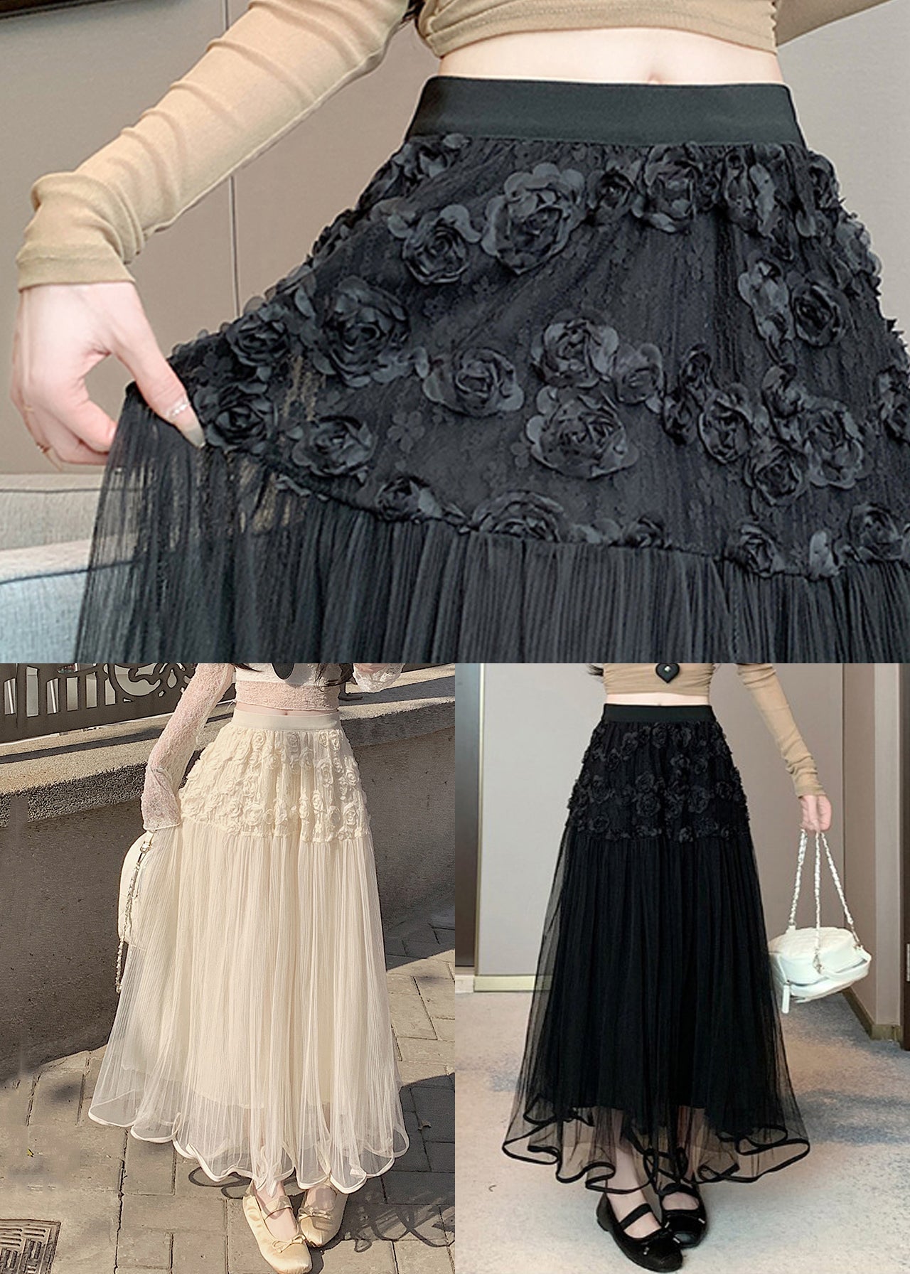 Black Elastic Waist Solid Tulle Summer Skirts Wrinkled