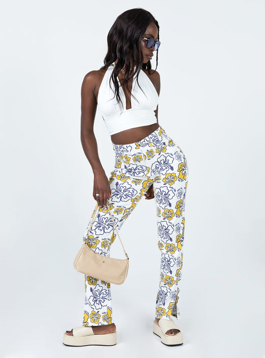 Tropical Dreams High Rise Straight Leg Denim Jeans Off White