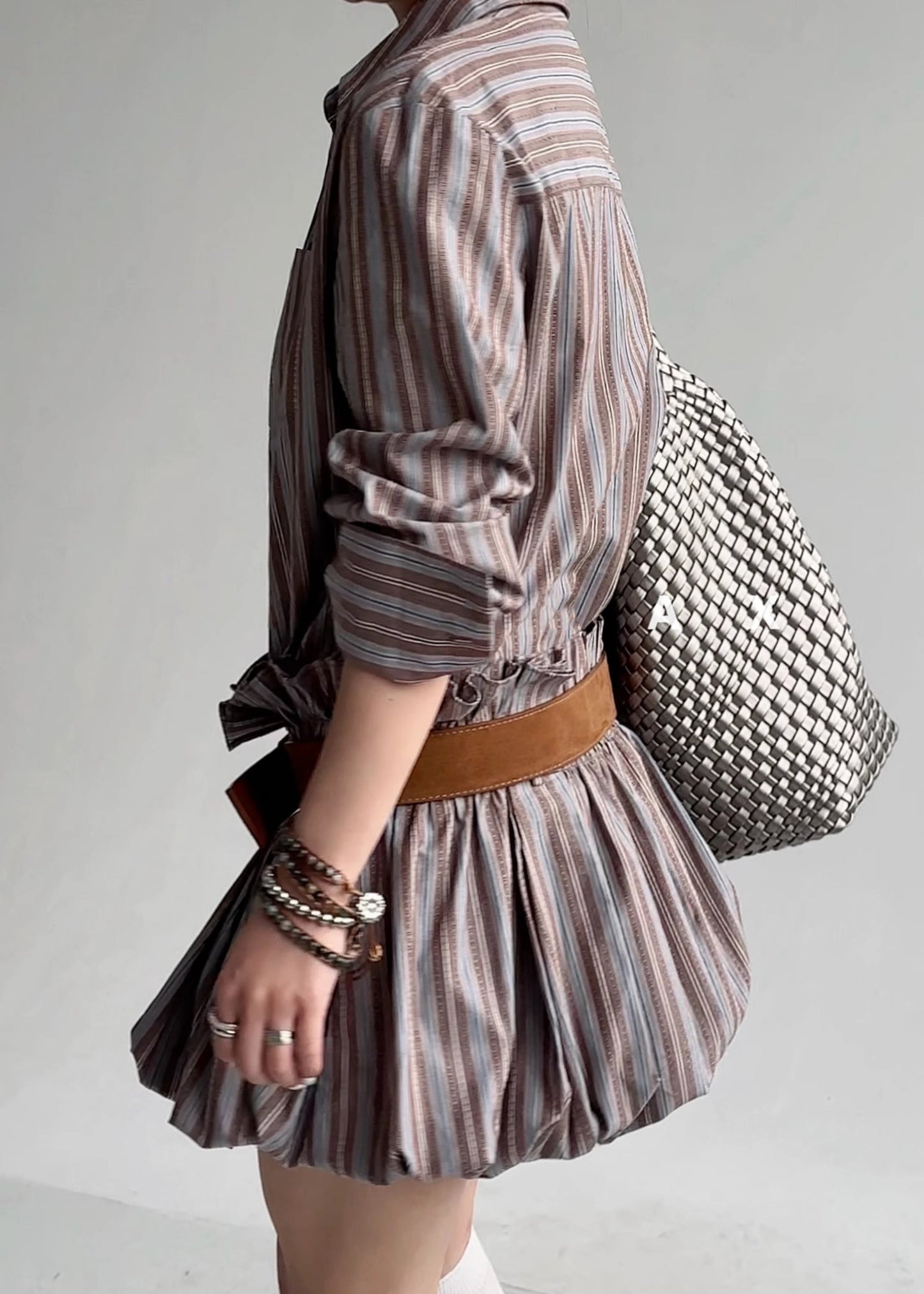 French Striped Ruffled Button Sashes Cotton Shirts Dress Fall