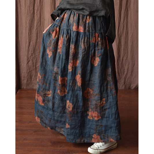 Plus Size Cozy Retro Floral Linen Skirt