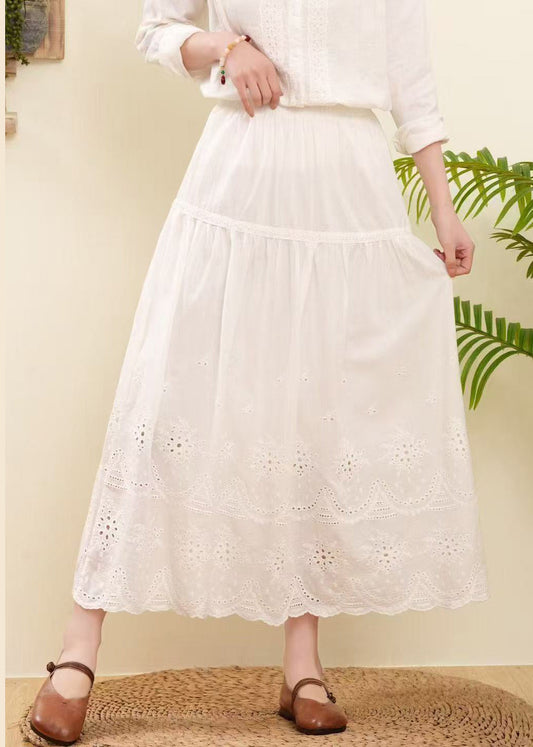 Women Rose Embroidered Hollow Out Cotton Skirts Summer