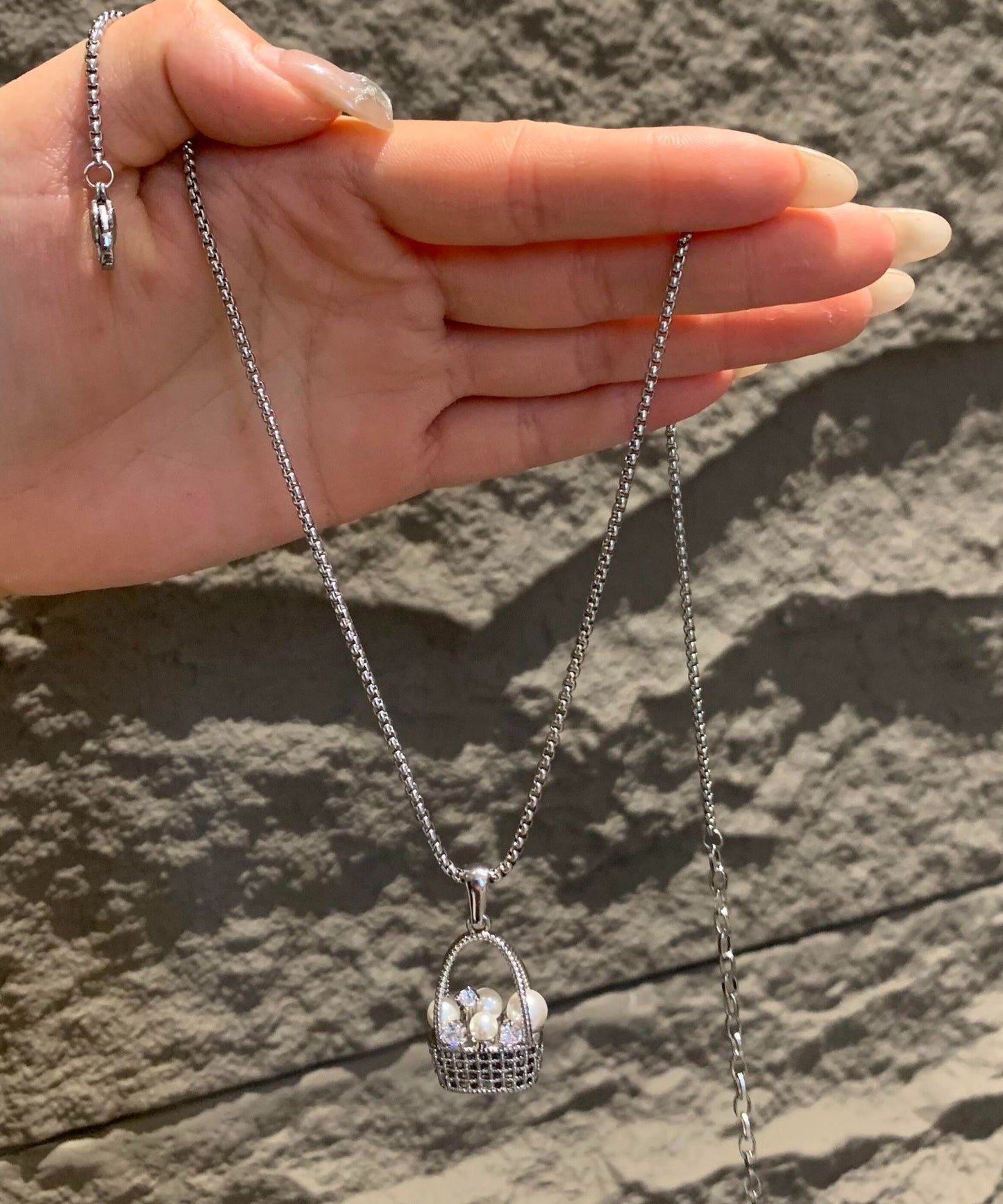 Original Design Silk Sterling Silver Zircon Pearl Flower Basket Pendant Necklace